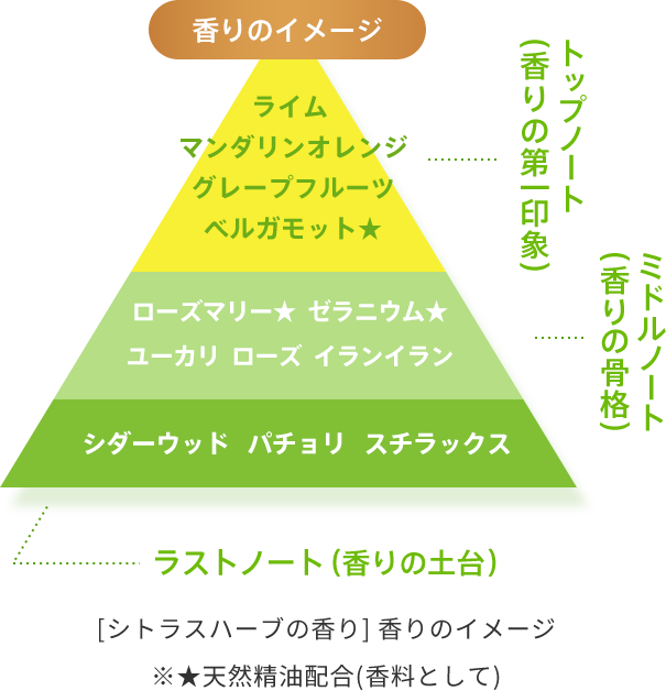 香りのイメージ    トップノート（香りの第一印象）  ライム  マンダリンオレンジ グレープフルーツ ベルガモット★   ミドルノート（香りの骨格）  ローズマリー★  ゼラニウム★ ユーカリ  ローズ  イランイラン   ラストノート（香りの土台）  シダーウッド   パチョリ   スチラックス  [シトラスハーブの香り] 香りのイメージ ※★天然精油配合(香料として)