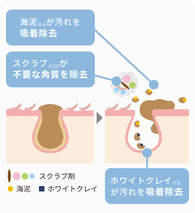 海泥※4が汚れを吸着除去  スクラブ※10が不要な角質を除去  ホワイトクレイ※5が汚れを吸着除去  スクラブ剤 海泥 ホワイトクレイ
