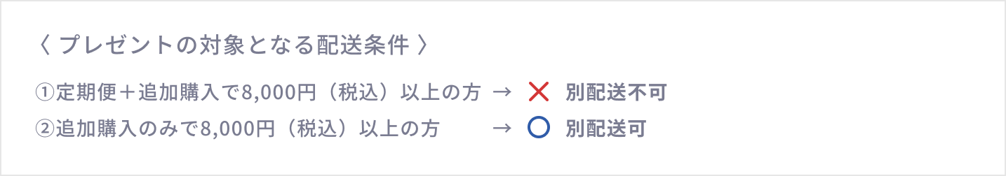 〈 プレゼントの対象となる配送条件 〉  ①定期便＋追加購入で8,000円（税込）以上の方 別配送不可  ②追加購入のみで8,000円（税込）以上の方 別配送可