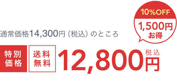 通常価格14,300円（税込）のところ  特別価格  送料無料  税込12,800円  10%OFF 1,500円お得