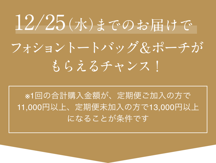 12/25（水）までのお届けでフォショントートバッグ&ポーチがもらえるチャンス！  ※1回の合計購入金額が、定期便ご加入の方で11,000円以上、定期便未加入の方で13,000円以上になることが条件です