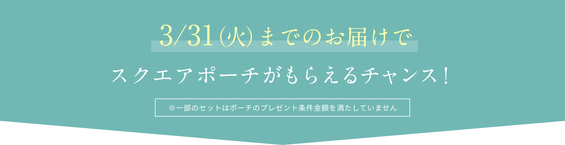3/31(火)までのお届けでスクエアポーチがもらえるチャンス! ※一部のセットはポーチのプレゼント条件金額を満たしていません