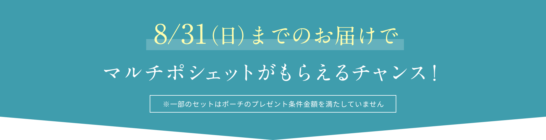 8/31（日）までのお届けでマルチポシェットがもらえるチャンス！  ※一部のセットはポーチのプレゼント条件金額を満たしていません