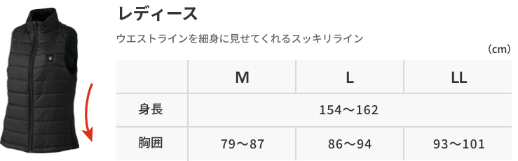 レディース  ウエストラインを細身に見せてくれるスッキリライン  （cm）  M L LL  身長 胸囲  154〜162  79〜87  86〜94  93〜101