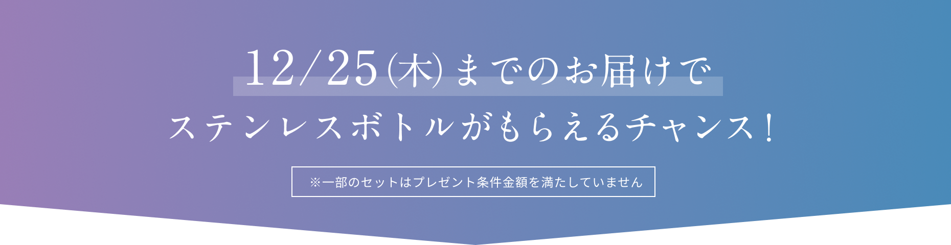 12/25（木）までのお届けでステンレスボトルがもらえるチャンス！  ※一部のセットはプレゼント条件金額を満たしていません
