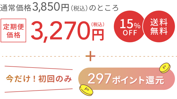 通常価格 3,850円（税込）のところ  定期便価格3,270円（税込）  15%OFF 送料無料  +  今だけ！初回のみ297ポイント還元