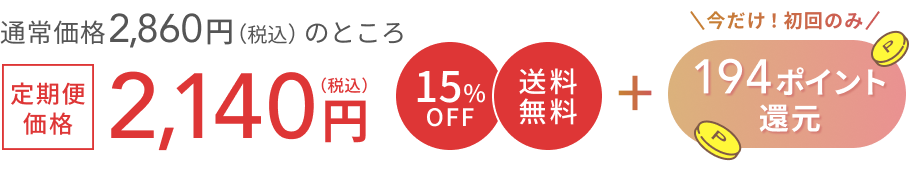 通常価格 2,860円（税込）のところ  定期便価格2,140円（税込）  15%OFF  送料無料  +  今だけ！初回のみ194ポイント還元