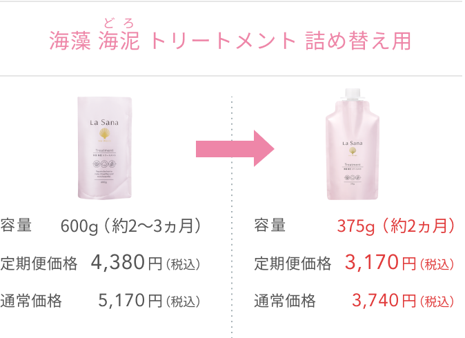 海藻 海泥 トリートメント 詰め替え用  容量 600g（約2〜3ヵ月）  容量 375g（約2ヵ月）  定期便価格4,380 円（税込）  定期便価格3,170 円（税込）  通常価格5,170 円（税込）  通常価格3,740 円（税込）