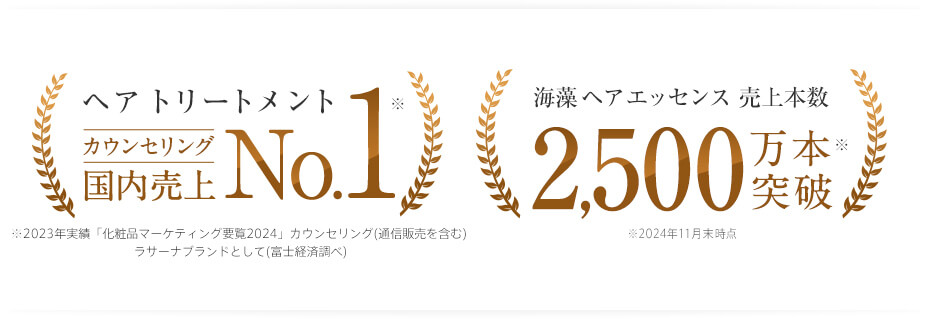 ヘア トリートメント　カウンセリング国内売上No.1 ※2023実績「化粧品マーケティング要覧2024」 ラサーナブランドとして（富士経済調べ） 海藻 ヘア エッセンス 売上本数 2,500万本突破 ※2024年11月末時点
