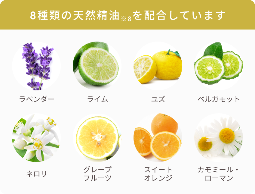 8種類の天然精油※8を配合しています  ラベンダー  ライム  ユズ  ベルガモット  ネロリ  グレープフルーツ  スイートオレンジ  カモミール・ローマン