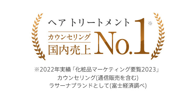 ヘア トリートメントカウンセリング 国内売上No.1 ※2022年度実績「化粧品マーケティング要覧2023」 ラサーナブランドとして（富士経済調べ）